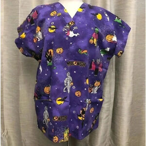 Simply Basic Purple Halloween Scrub Top | Size L